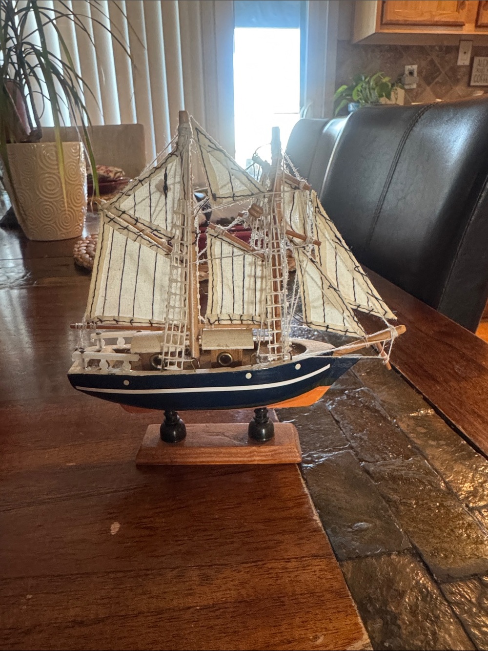 Blue & White Decorative Wooden Sailboat Model